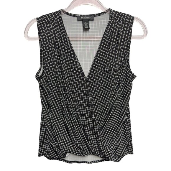 WHBM Windowpane Drapey Faux Wrap Surplice Crepe Knit Tank Top Blouse - Picture 1 of 4